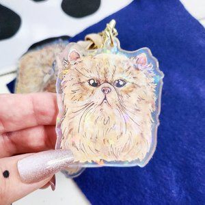 Persian Orange Cat Keychain, Holo Big Fluffy Cat Keyring